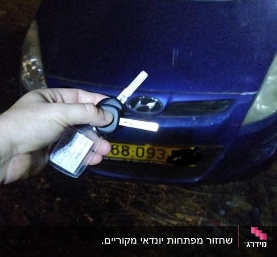מפתח רכב מוחזק מול מכונית כחולה
